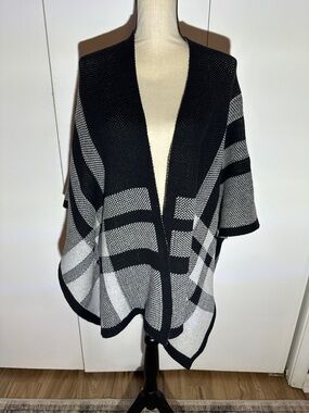 Black & White Open Front Knit Poncho Sweater